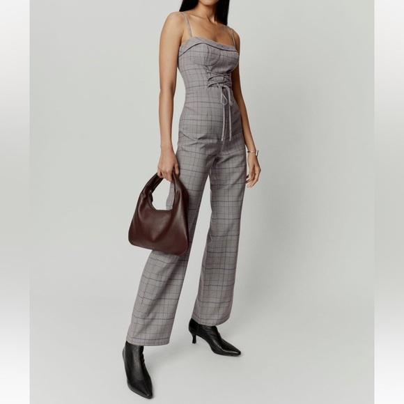 NWT Reformation Cameran Plaid Corset Lace-Up Straight Leg Jumpsuit - Picture 1 of 11